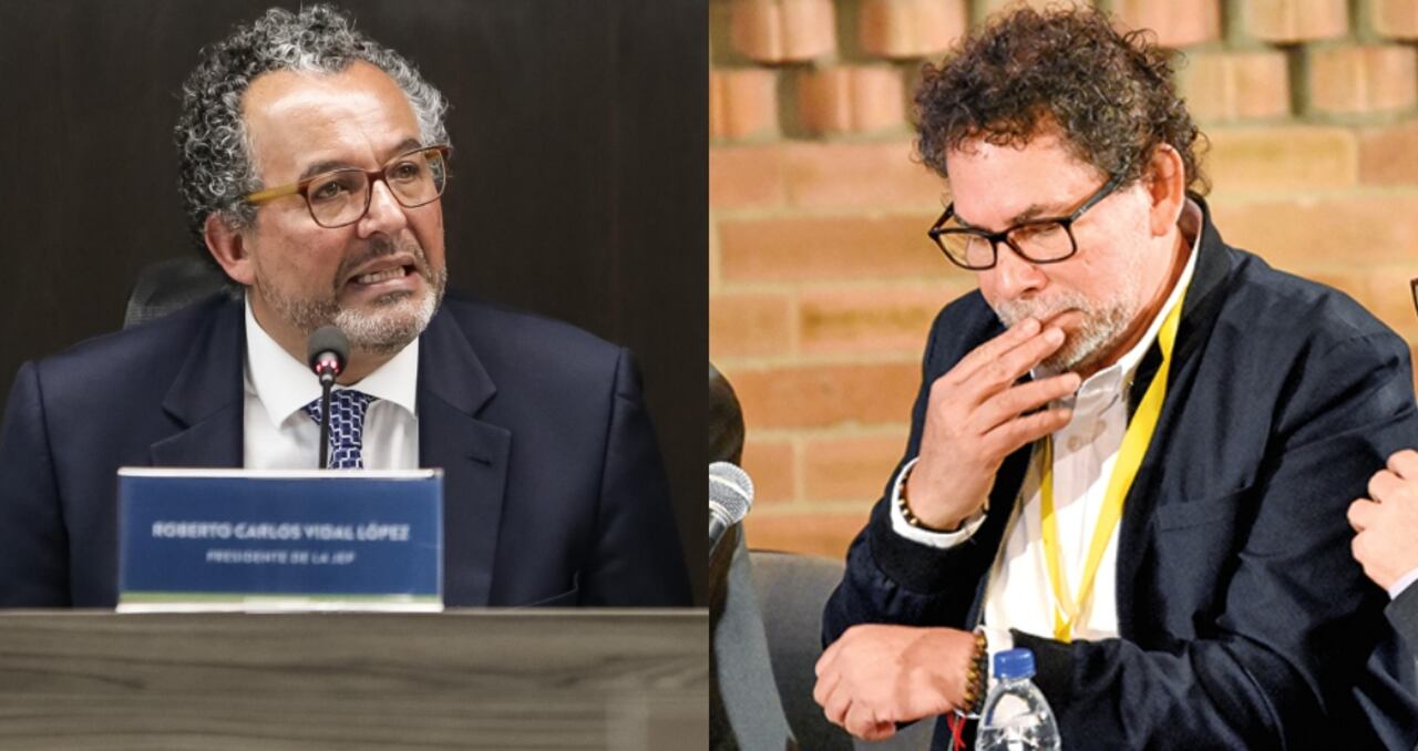 De izquierda a derecha: Roberto Vidal, presidente de la JEP, y Pastor Alape, excomandante de las Farc.