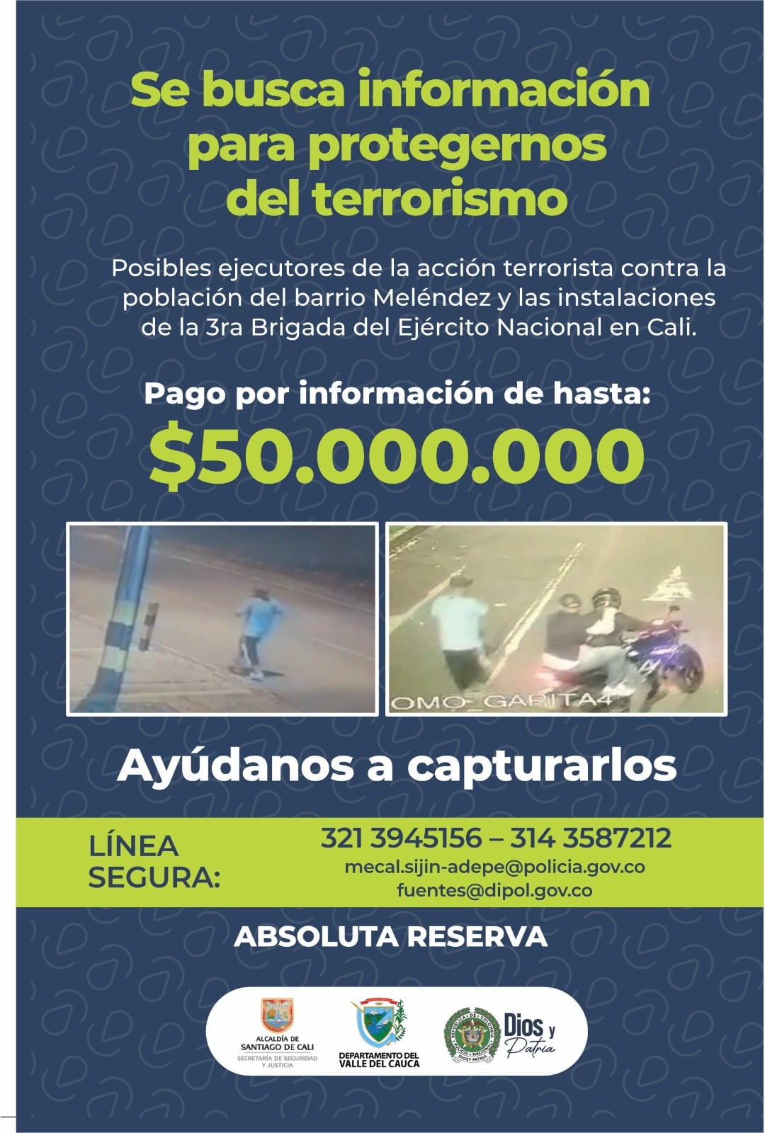 Cartel con los presuntos responsables del atentado al batallón militar Pichincha en Cali.