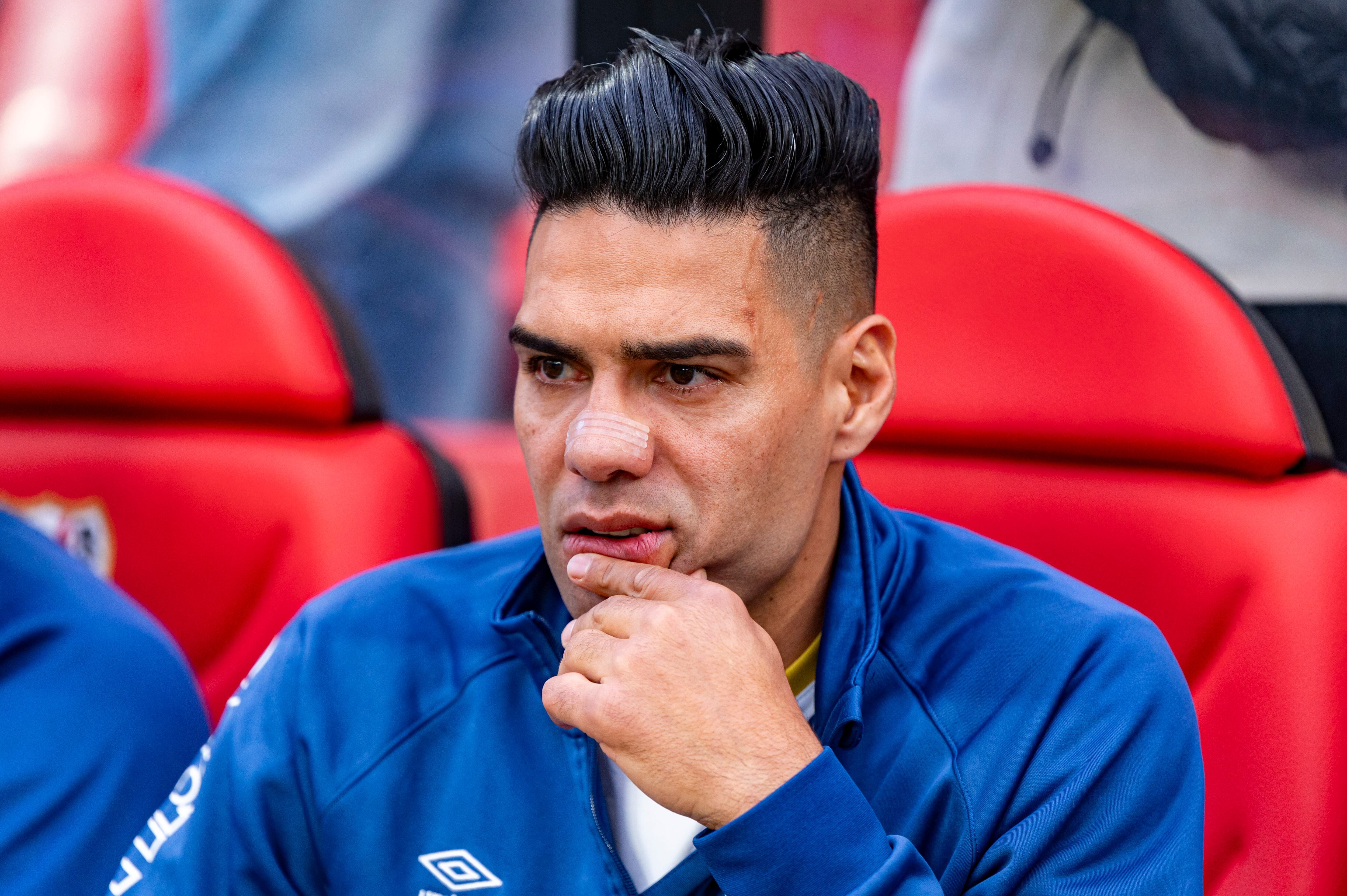 Radamel Falcao Garcia of Rayo Vallecano is sitting on the bench during the La Liga EA Sports 2023/24 football match between Rayo Vallecano and Granada CF at Estadio de Vallecas in Madrid, Spain, on May 15, 2024. (Photo by Alberto Gardin/NurPhoto via Getty Images)