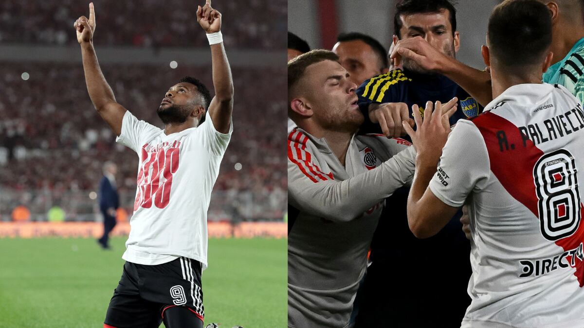 Miguel Ángel Borja seguía celebrando su gol mientras había un caos total en la cancha. Foto: AFP.