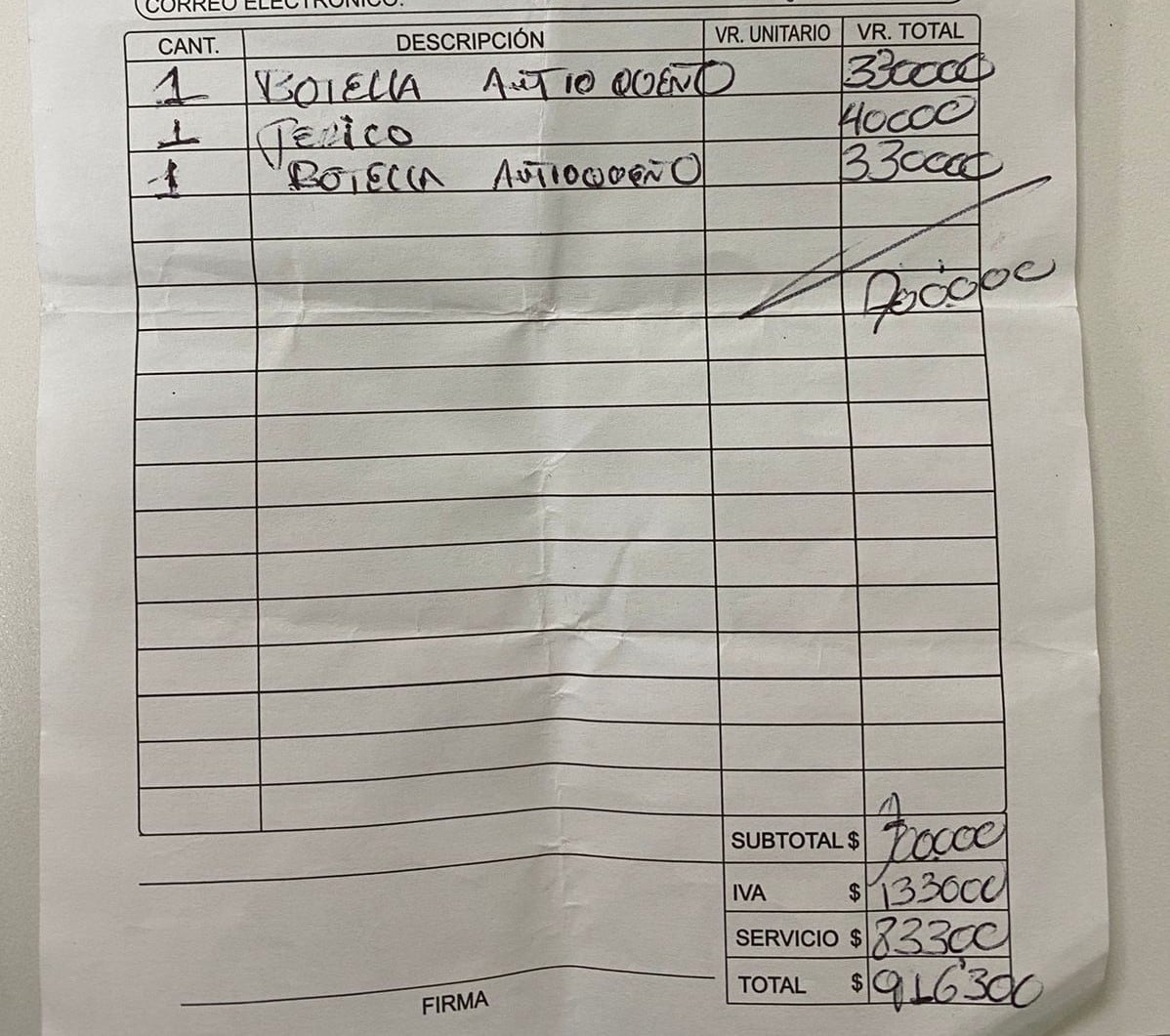 La factura con la venta de "perico"