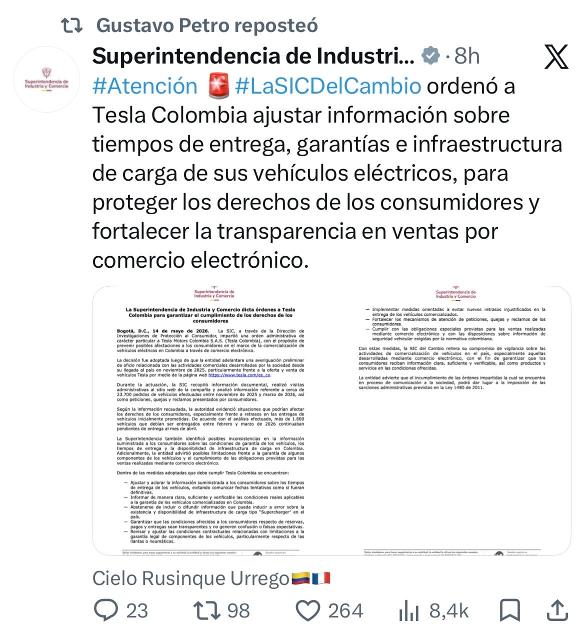 Repost de Gustavo Petro sobre caso Tesla
