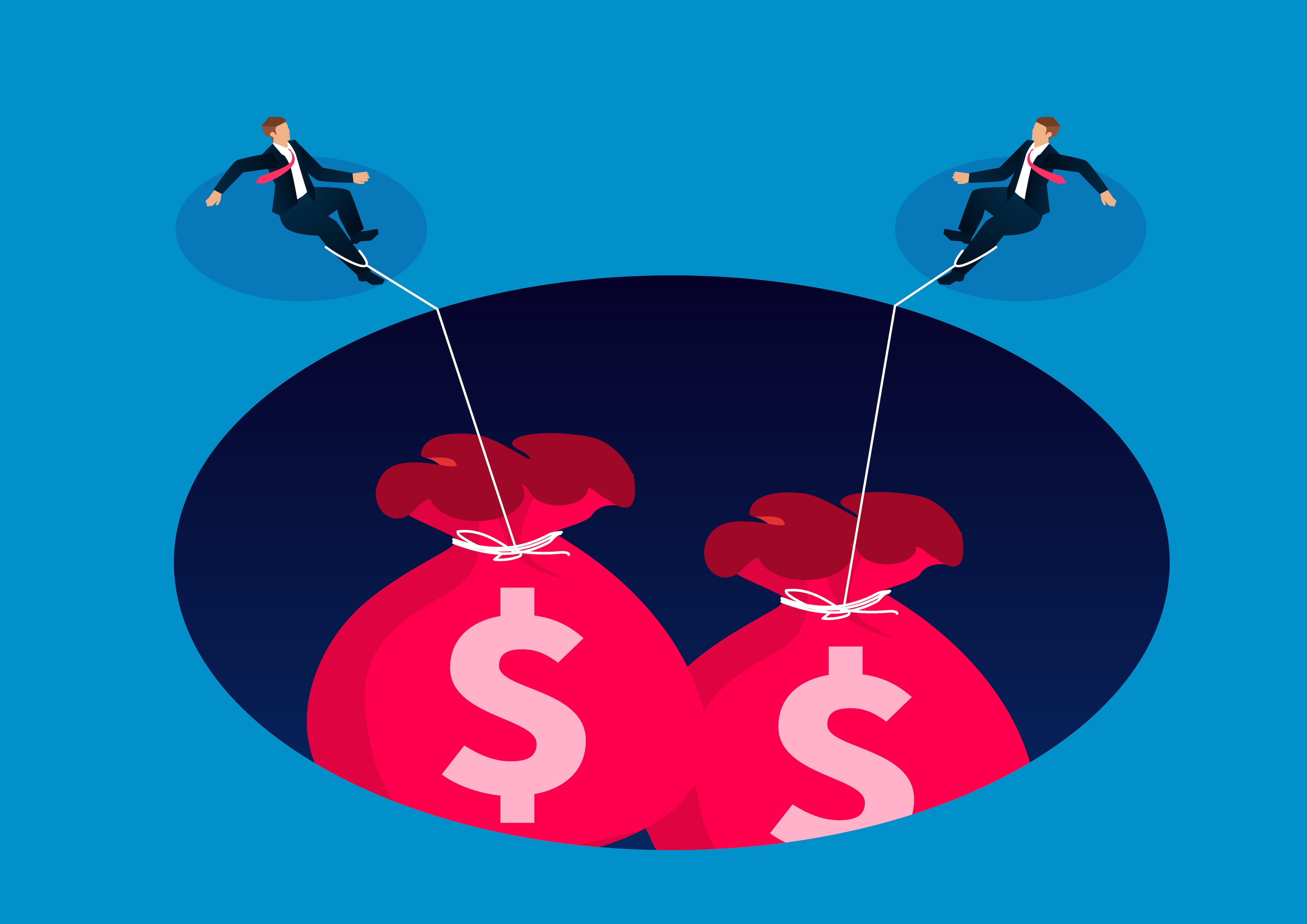 Two businessmen being pulled into the cave by a heavy money bag