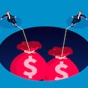 Two businessmen being pulled into the cave by a heavy money bag