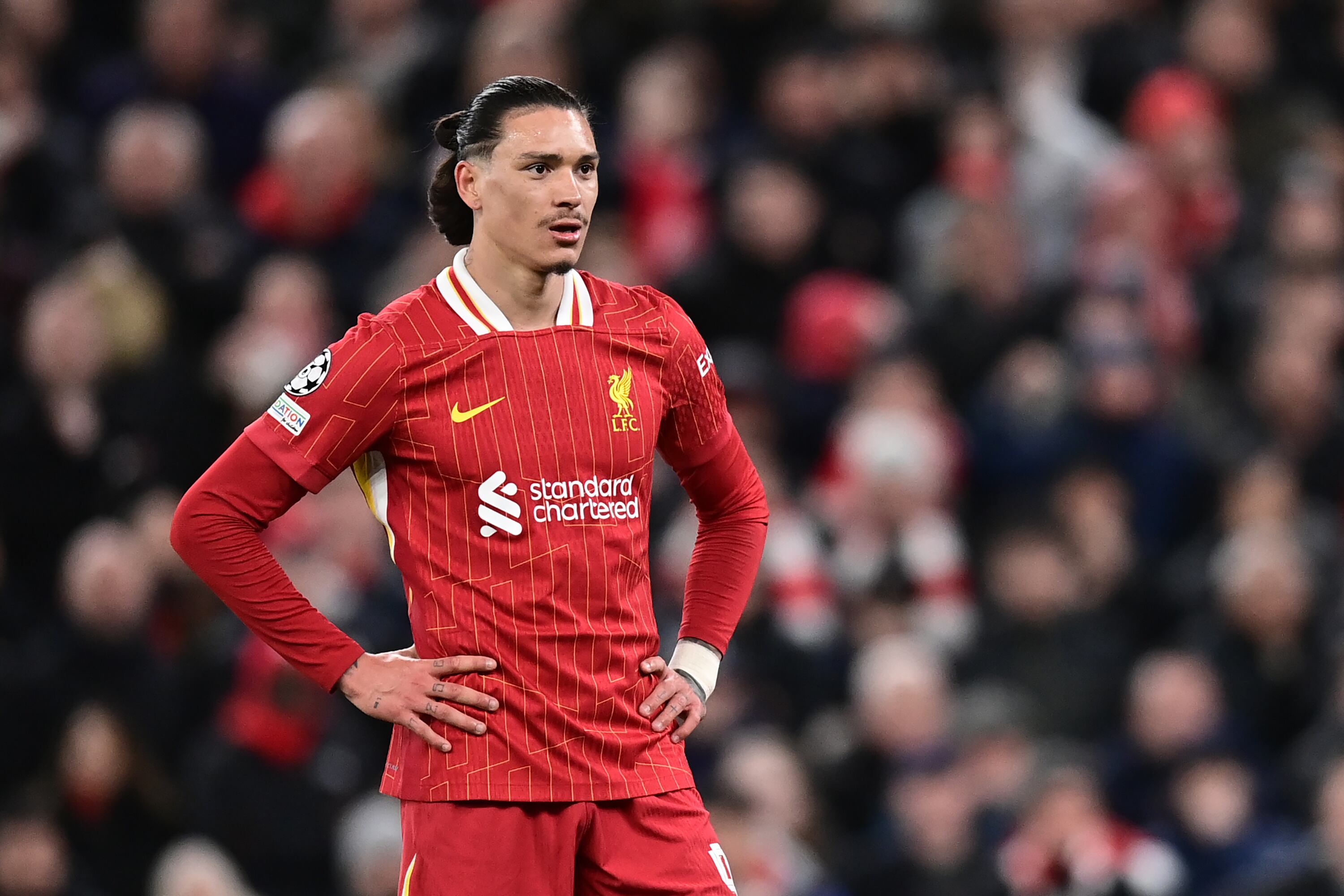 LIVERPOOL, ENGLAND - MARCH 11: Liverpool's Darwin Nunez looks on during the UEFA Champions League 2024/25 Round of 16 Second Leg match between Liverpool FC and Paris Saint-Germain at Anfield on March 11, 2025 in Liverpool, England. (Photo by Richard Martin-Roberts - CameraSport/CameraSport via Getty Images)