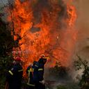 Los bomberos intentan extinguir las llamas en el pueblo de Ellinika en la isla de Evia, a unos 176 kilómetros (110 millas) al norte de Atenas, Grecia, lunes, 9 de agosto, 2021. Los bomberos y residentes lucharon contra un gran incendio forestal en la segunda isla más grande de Grecia por séptimo. El lunes del día, luchando para salvar lo que pueden, de las llamas que han diezmadas grandes extensiones de bosques prístinos, destruyen hogares y negocios, y han enviado miles de personas que huyen. (AP Foto / Petros Karadjias)