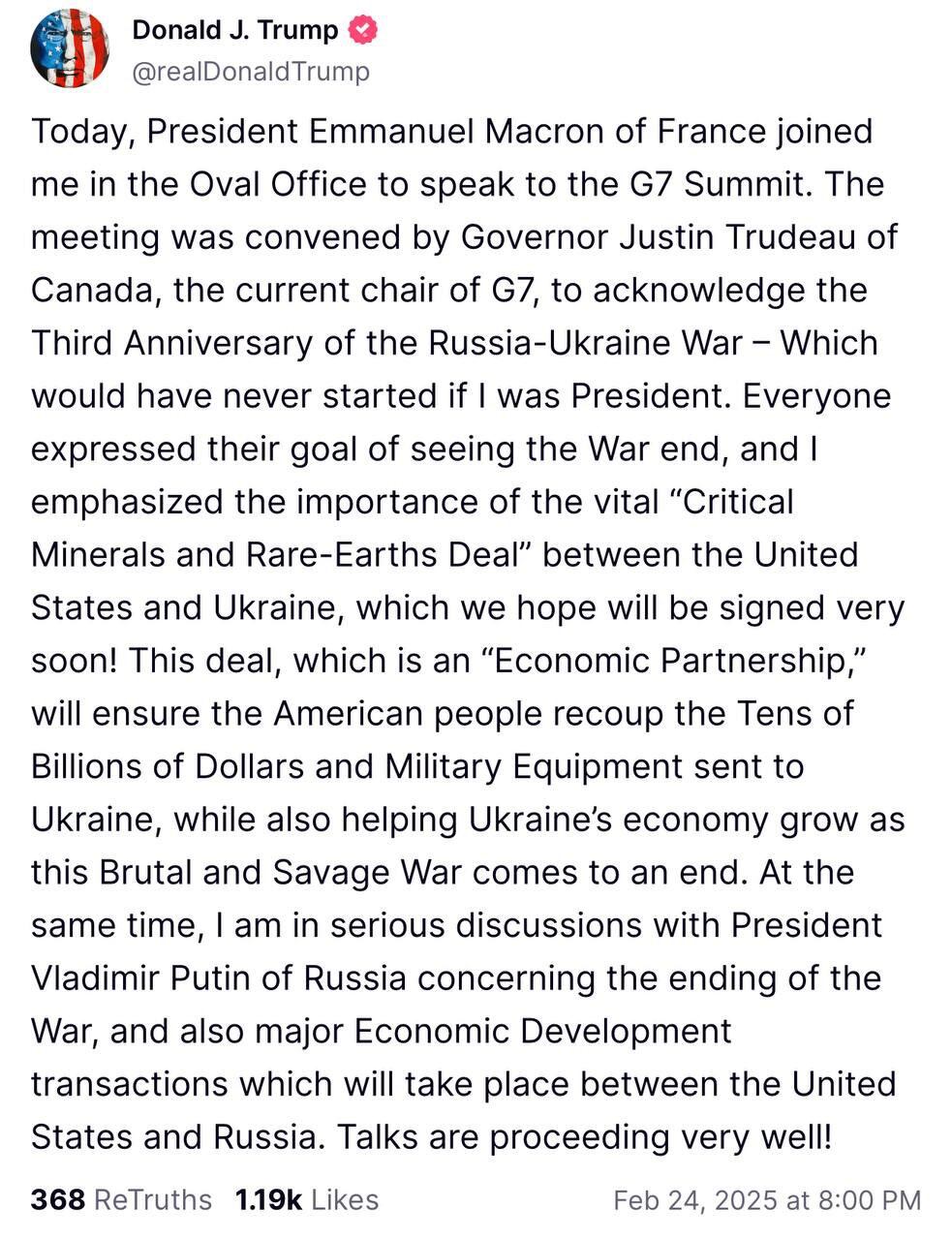 Mensaje emitido por Donald Trump en su red social