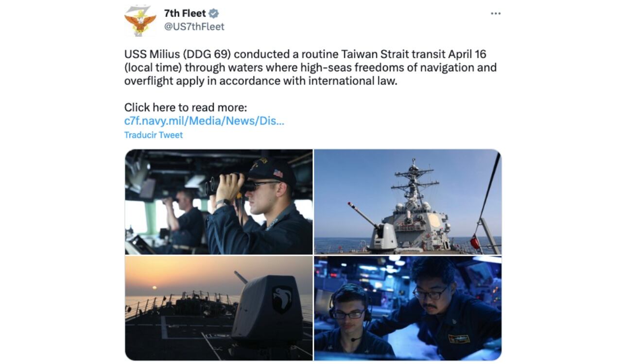La séptima Flota de Estados Unidos mostró las acciones del USS Milius en el estrecho de Taiwán