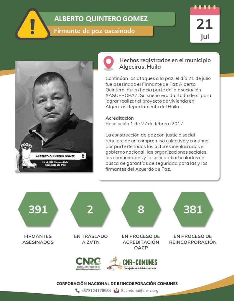 La víctima hacía  parte de la asociación ASOPROPAZ.