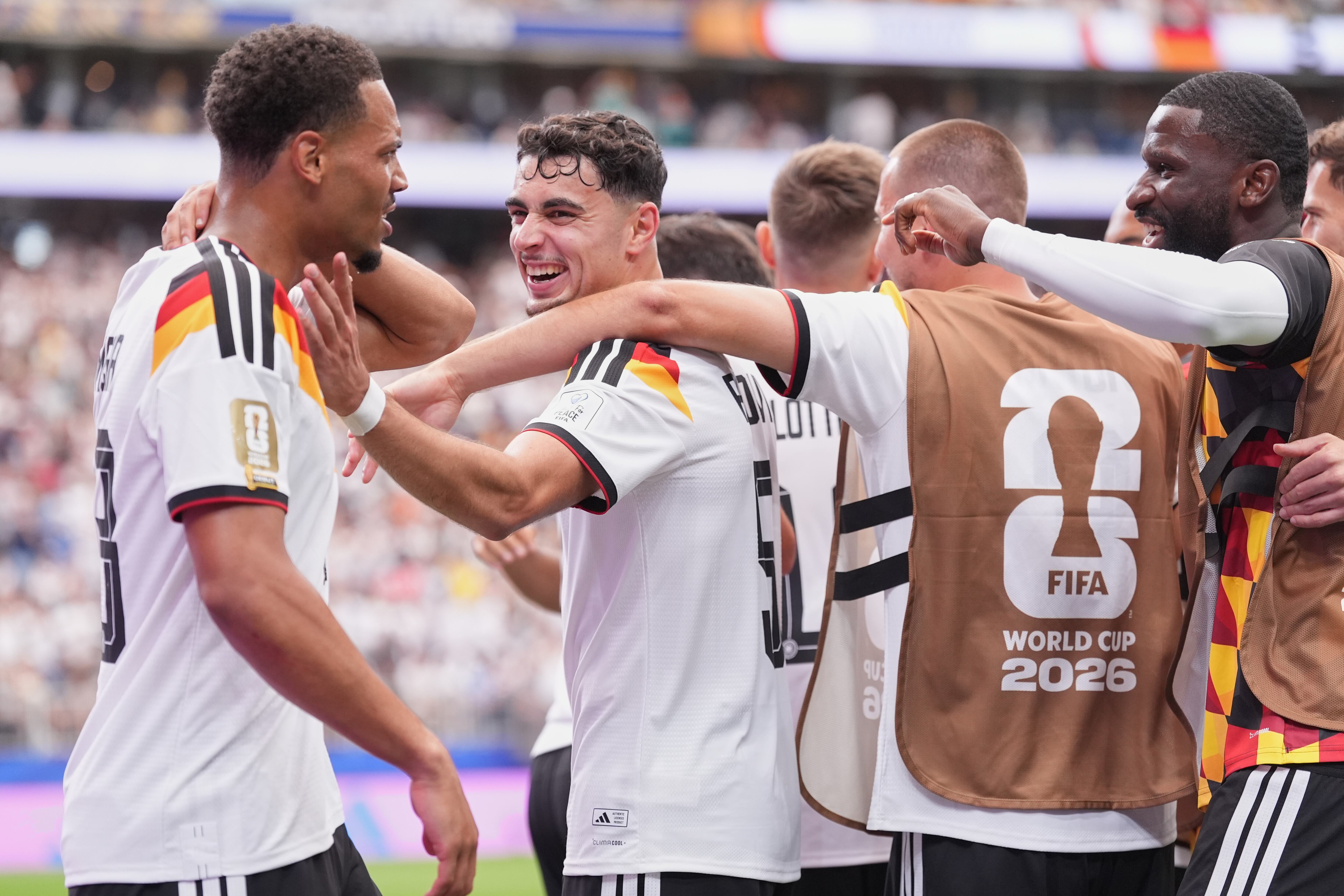 German players celebrate after scoring the fifth goal during the World Cup Group E soccer match between Germany and Curacao in Houston, Sunday, June 14, 2026. (AP Photo/Eric Gay)