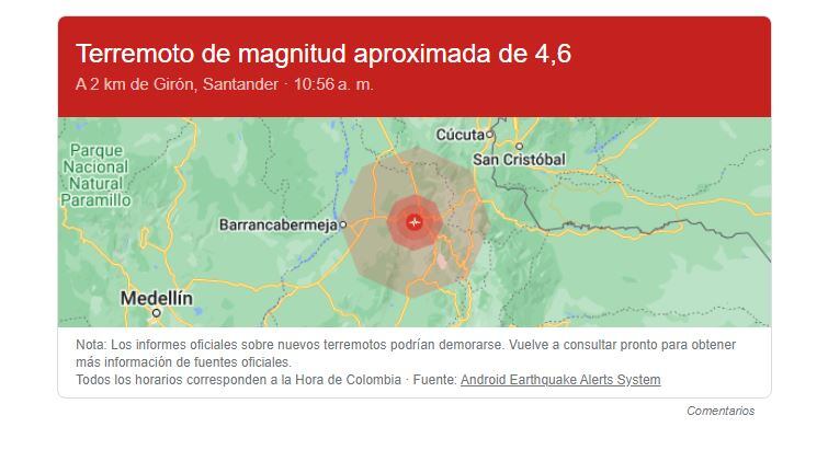 Google reportó nuevo temblor en Colombia