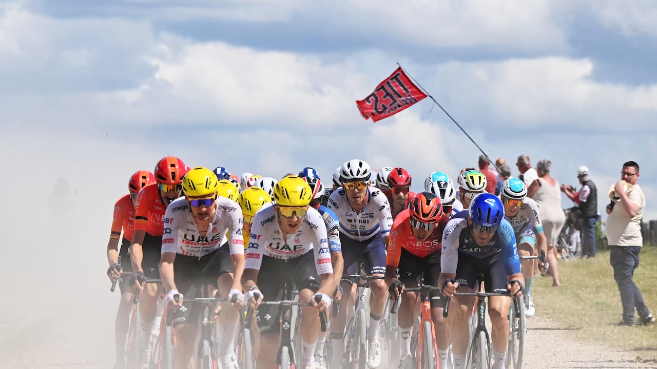 TROYES, FRANCE - JULY 07: (L-R) Tim Wellens of Belgium, Tadej Pogacar of Slovenia - Yellow Leader Jersey, Marc Soler of Spain and UAE Team Emirates, Egan Bernal of Colombia and Team INEOS Grenadiers and Hugo Houle of Canada and Team Israel - Premier Tech compete passing through a gravel strokes sector during the 111th Tour de France 2024, Stage 9 a 199km stage from Troyes to Troyes / #UCIWT / on July 07, 2024 in Troyes, France. (Photo by Bernard Papon - Pool/Getty Images)