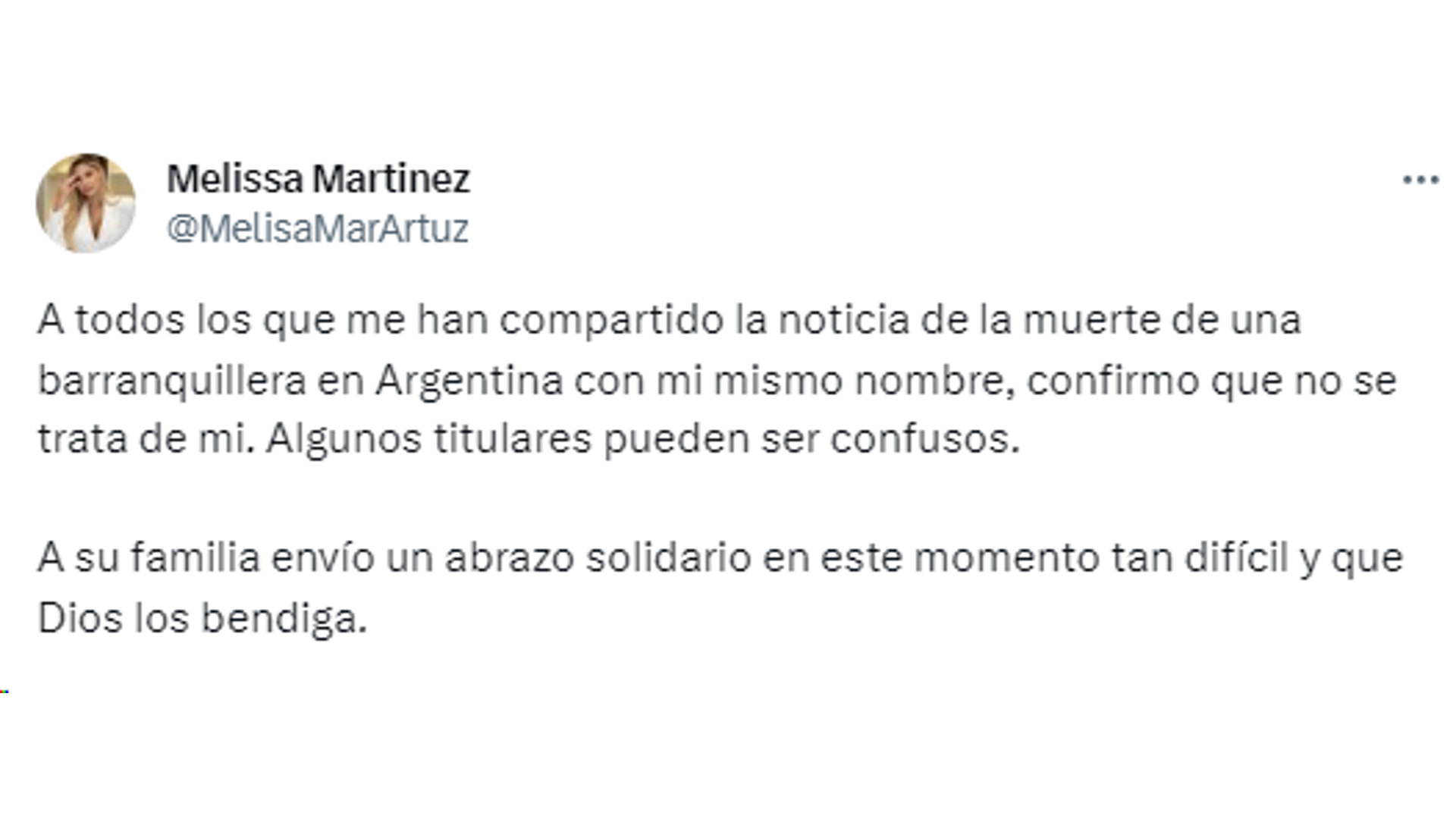 Melissa Martínez pide que no la confundan con mujer que murió en accidente.
