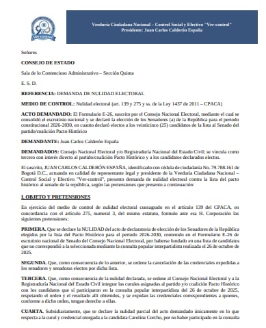 Juan Carlos Calderón España presentó ante el Consejo de Estado una demanda de nulidad electoral contra congresistas electos por la lista al Congreso del Pacto Histórico.