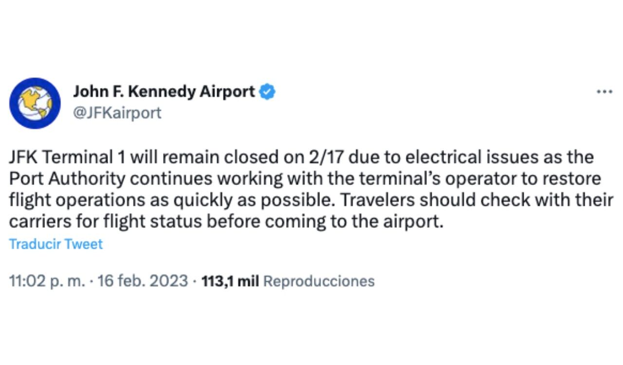Según el mismo aeropuerto JFK, la Terminal 1 permanecerá cerrada durante el viernes 17 de febrero