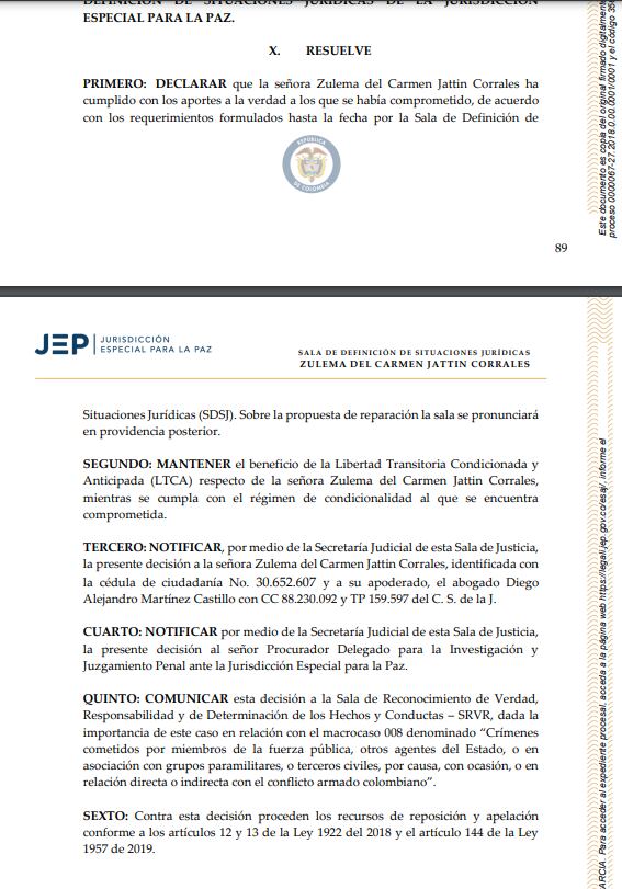 JEP ratificó libertad condicional a Zulema Jattin.
