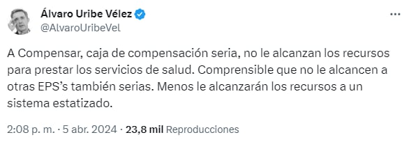 Trino del expresidente Uribe sobre la intervención a las EPS