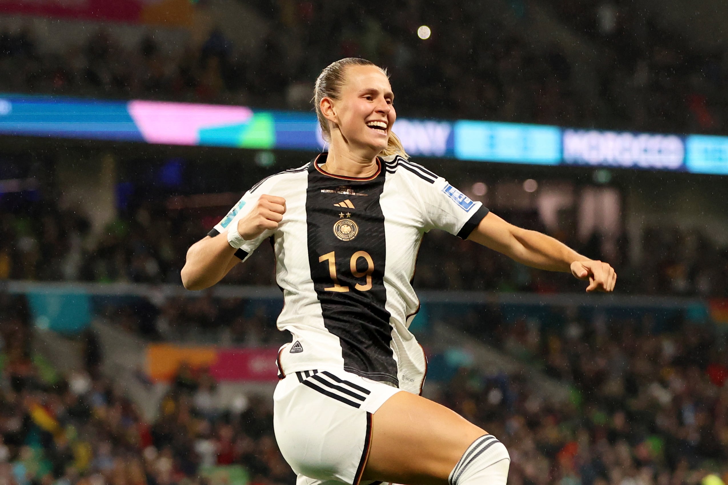 Germany's Klara Buehl celebrates after scoring her side's third goal during the Women's World Cup Group H soccer match between Germany and Morocco in Melbourne, Australia, Monday, July 24, 2023. (AP Photo/Hamish Blair)