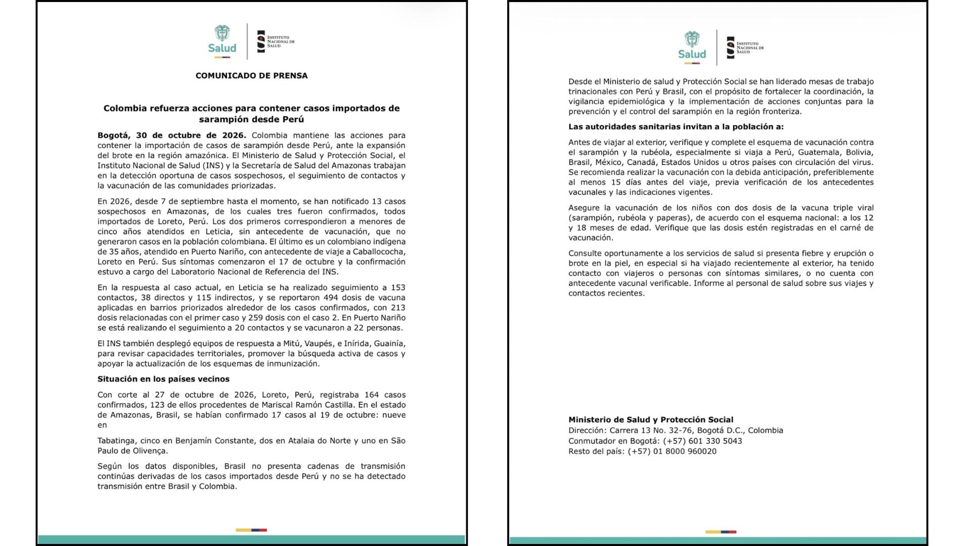 Comunicado Ministerio de Salud.