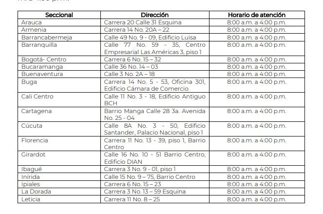 Horarios especiales de la Dian, según seccional, por contingencia