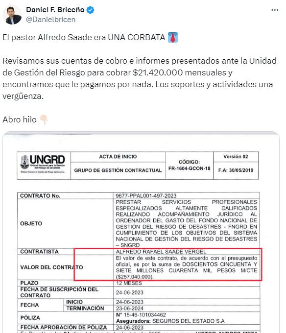 Denuncia de Daniel Briceño contra Alfredo Saade por 'copiar'  informe de otro contratista para justificar contrato con Gestión del Riesgo