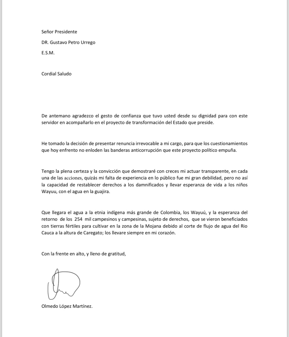 Carta de renuncia Olmedo López