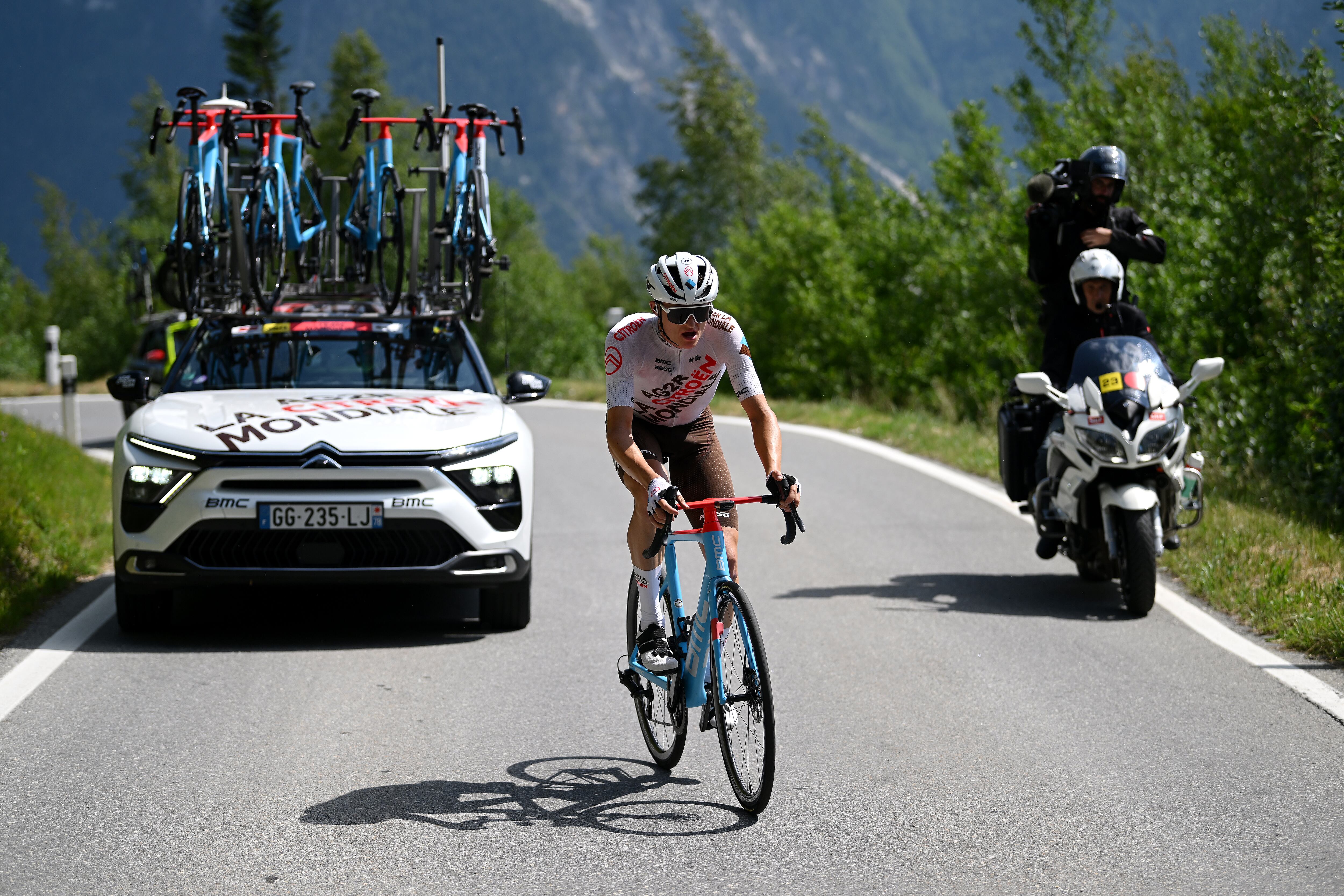 LEUKERBAD, SWITZERLAND - JUNE 14: Felix Gall of Austria and Ag2R Citroën Team competes in the breakaway during the 86th Tour de Suisse 2023, Stage 4 a 152.5km stage from Monthey to Leukerbad 1367m / #UCIWT / on June 14, 2023 in Leukerbad, Switzerland. (Photo by Dario Belingheri/Getty Images)