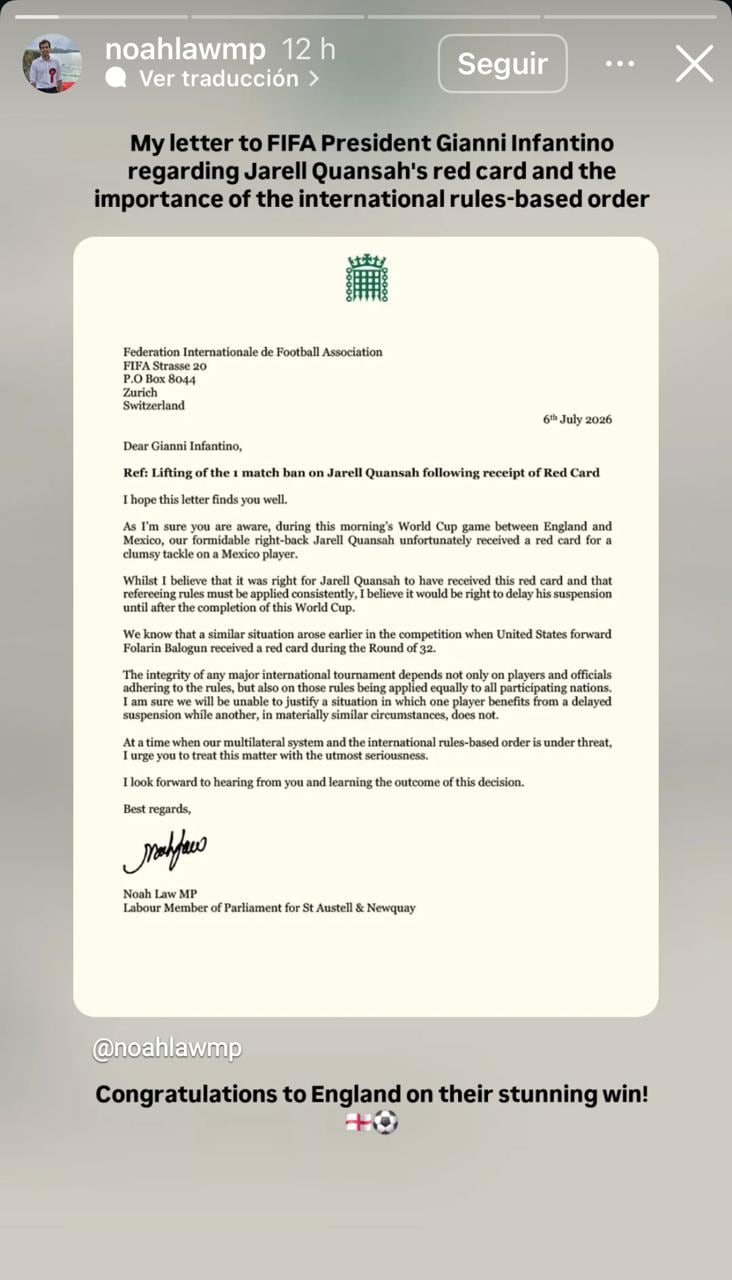 Historia en Instagram de Noah Law, miembro del parlamento británico, pidiendo a Fifa que le quite la tarjeta roja a Jarell Quansah.