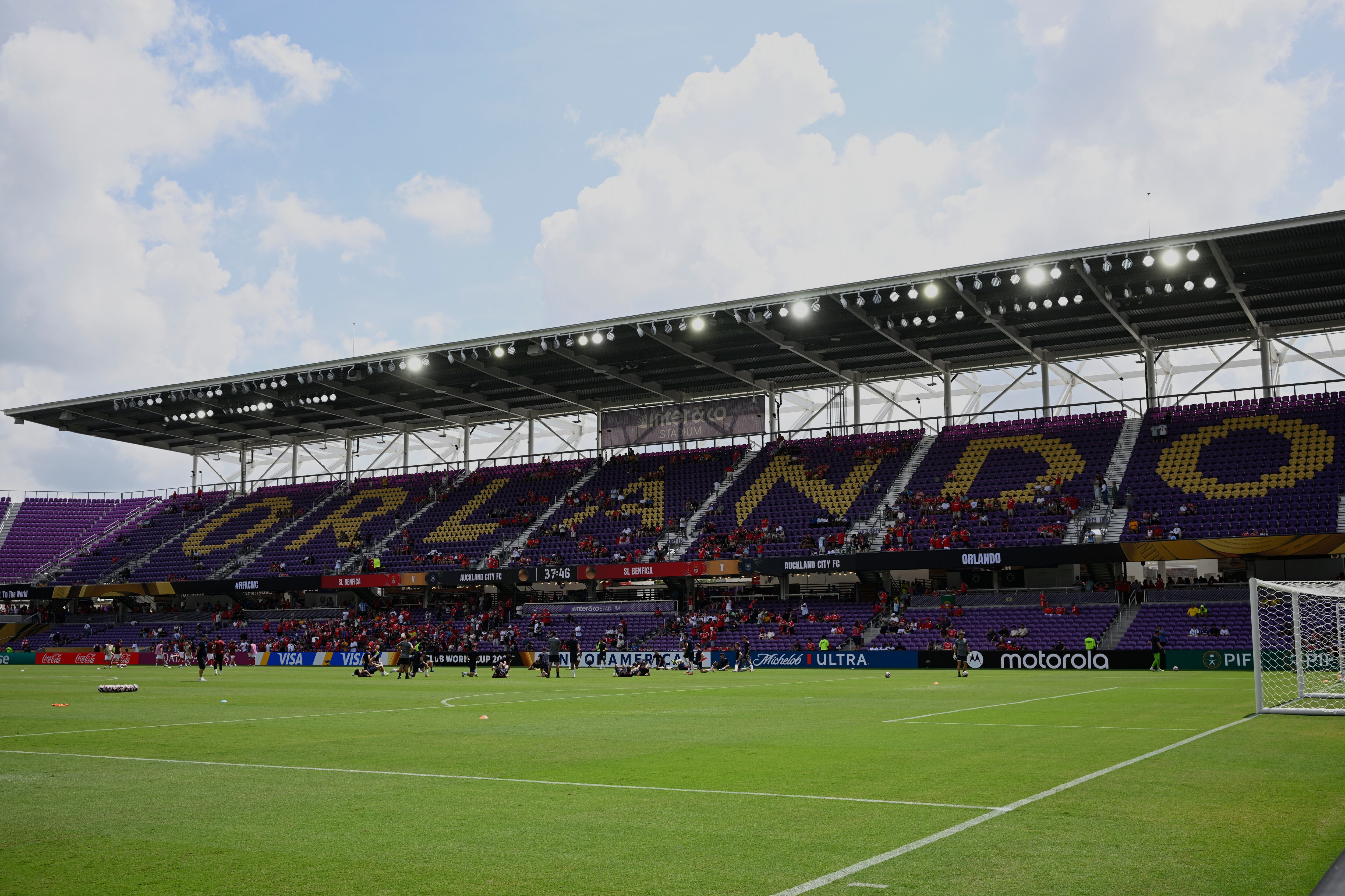 Auckland City players warm up ahead of the Club World Cup Group C soccer match between Benfica and Auckland City in Orlando, Fla., Friday, June 20, 2025. (AP Photo/Phelan Ebenhack)