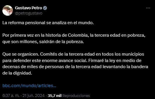 Publicación del presidente Petro en X.