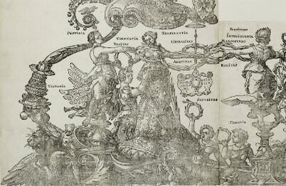 "Gran carro trinfal de Maximiliano I". Xilografía/ 1523.
  "El gran carro triunfal" es una gran impresión en madera y fue encargado por el emperador Maximiliano I. Los proyectos monumentales reflejan la posición de Maximiliano como emperador del Sacro Imperio Romano y lo vinculan a los arcos triunfales de la Antigua Roma. Lo que se buscaba con estas obras era obtener una popularidad duradera. Esta Xilografía está compuesta por ocho folios que en su conjunto conforman toda la representación del carro triunfal. El carro es tirado por la razón, en cuyas manos está el poder y la nobleza.  En esta obra se muestra una conciencia artística sobre la importancia de la difusión de las imágenes a través de las iconografías propagandísticas.