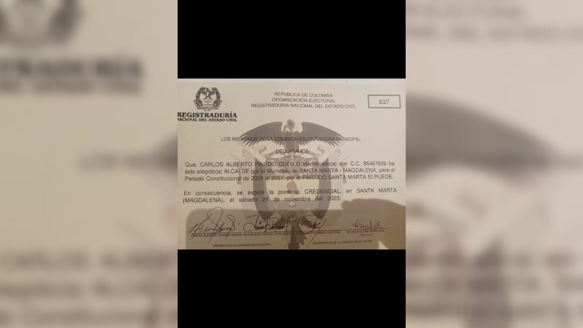 Registraduría entrega el aval al electo alcalde de Santa Marta, Carlos Pinedo