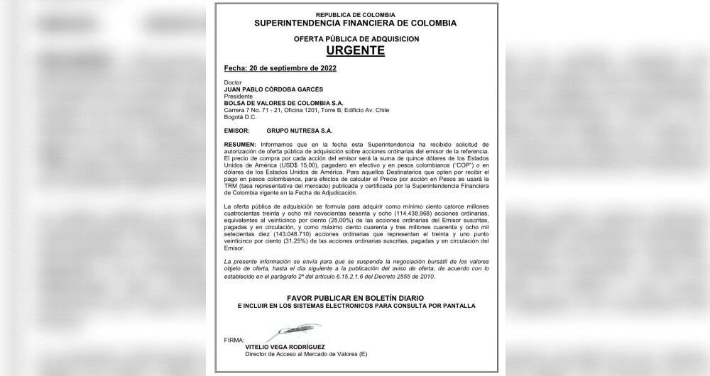 Comunicación de la Superintendencia Financiera