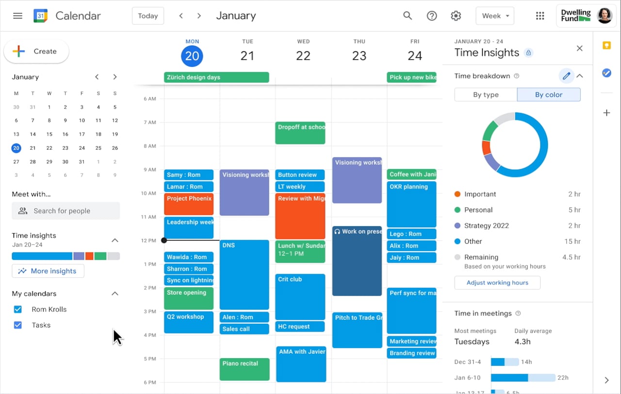 Ejemplo de etiquetado por colores en Google Calendar.