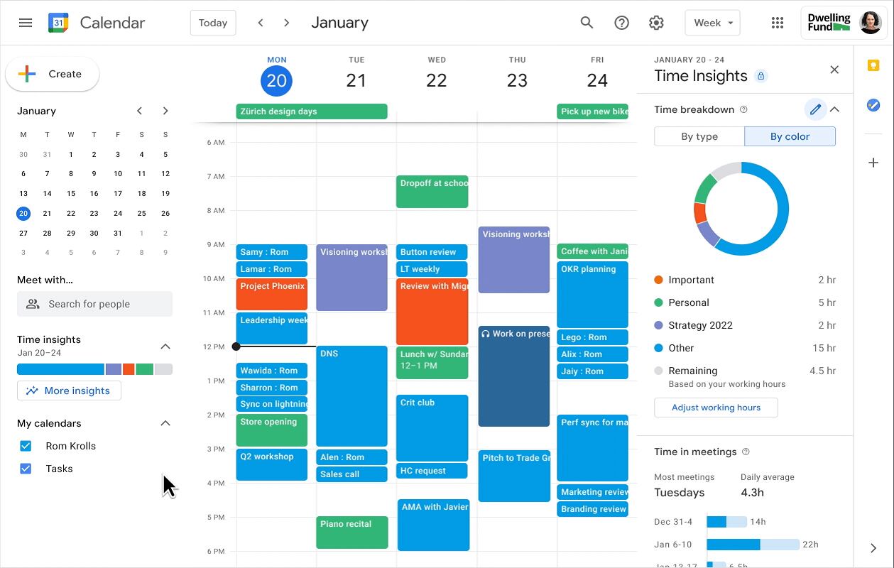 Ejemplo de etiquetado por colores en Google Calendar.