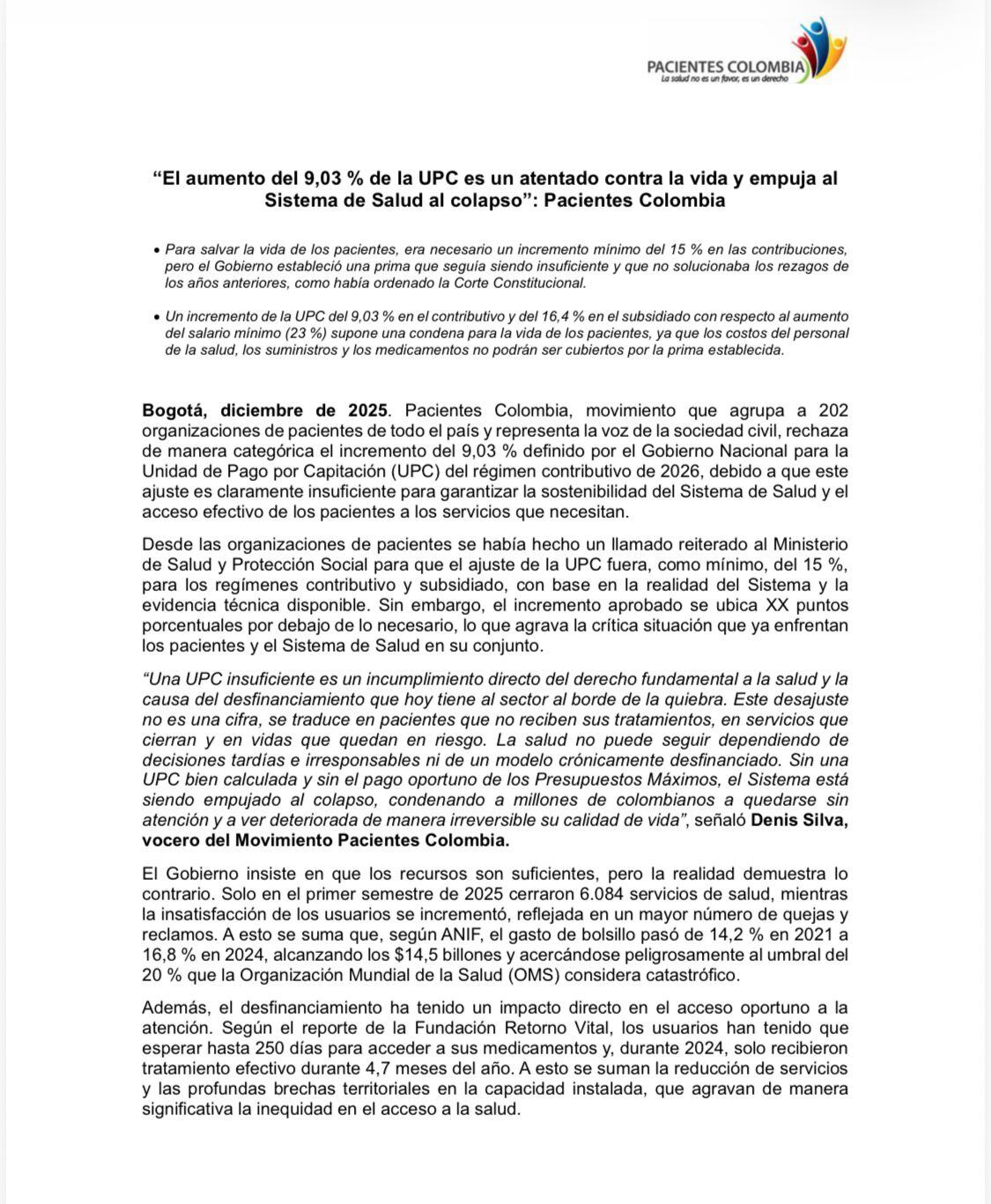 Pacientes Colombia dijo que el aumento de la UPC empuja al sistema de salud al colapso.