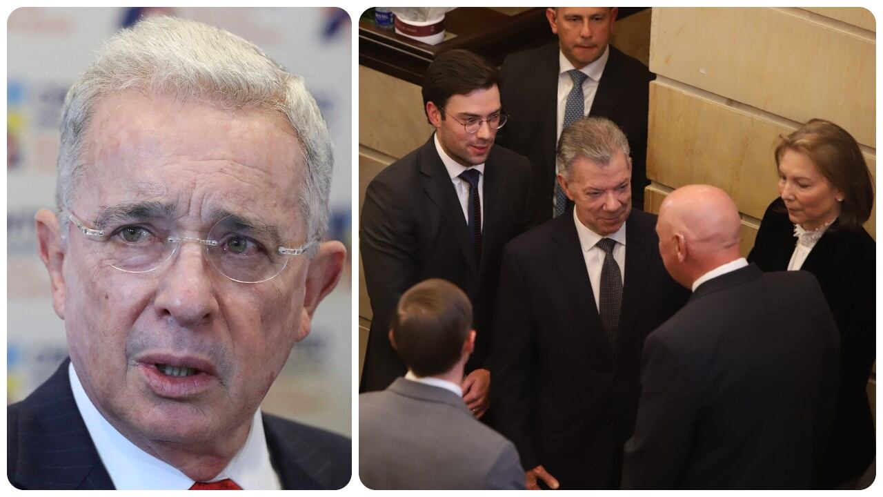 Álvaro Uribe y Juan Manuel Santos durante la velación de Miguel Uribe Turbay.