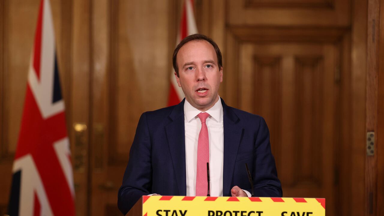 Britain's Health Secretary Matt Hancock during a media briefing on coronavirus COVID-19 in Downing Street, London, Monday March 1, 2021. (Ian Vogler/Pool via AP)