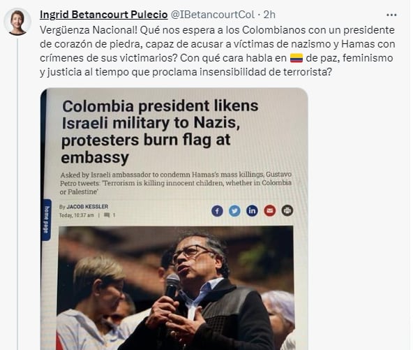 Trino de Ingrid Betancourt en el que califica a Gustavo Petro como "un presidente de corazón de piedra".