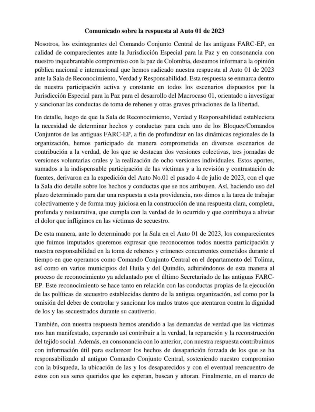 Comandantes de las Farc aceptan responsabilidad en secuestros en el centro del país.