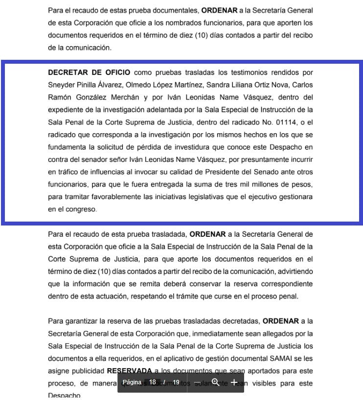 Consejo de Estado ordenó pruebas en la demanda de pérdida de investidura contra Iván Name.