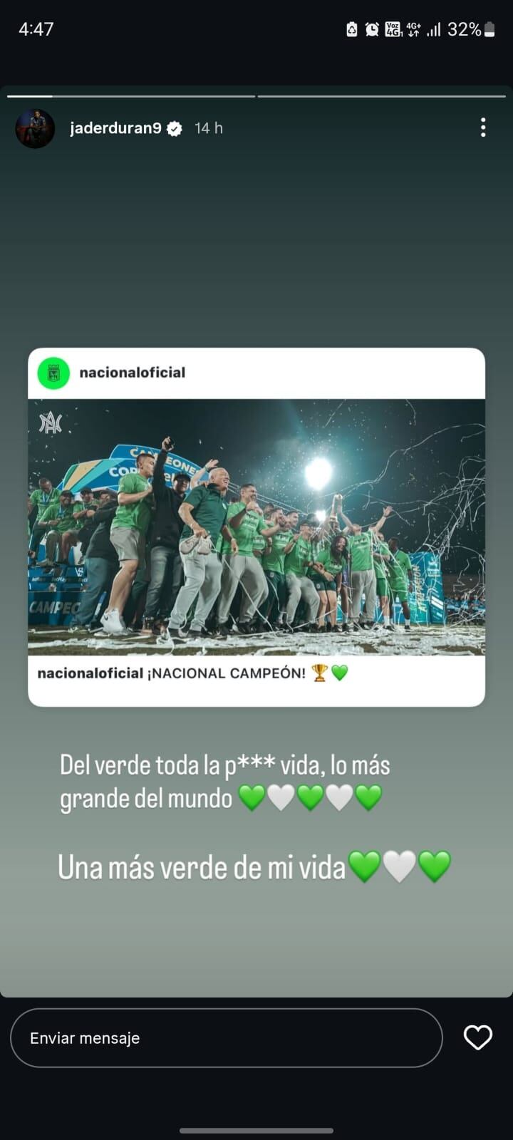 Publicación Jhon Jáder Durán con gran amor hacia Atlético Nacional