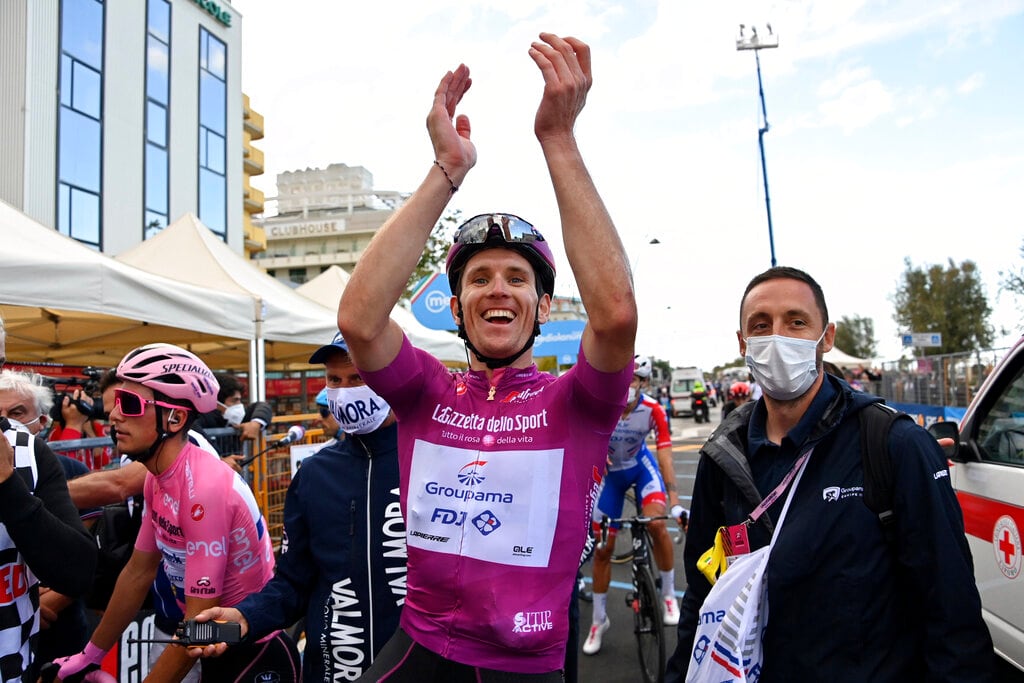 France's Arnaud Démare celebrates after winning the 11th stage of the Giro d'Italia cycling race, from Porto Sant'Elpidio to Rimini, Italy, Wednesday, Oct. 14, 2020. (Gian Mattia D'Alberto/LaPresse via AP)
