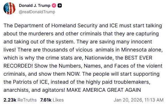 Mensaje de Trump en Truth Social para apoyar al ICE