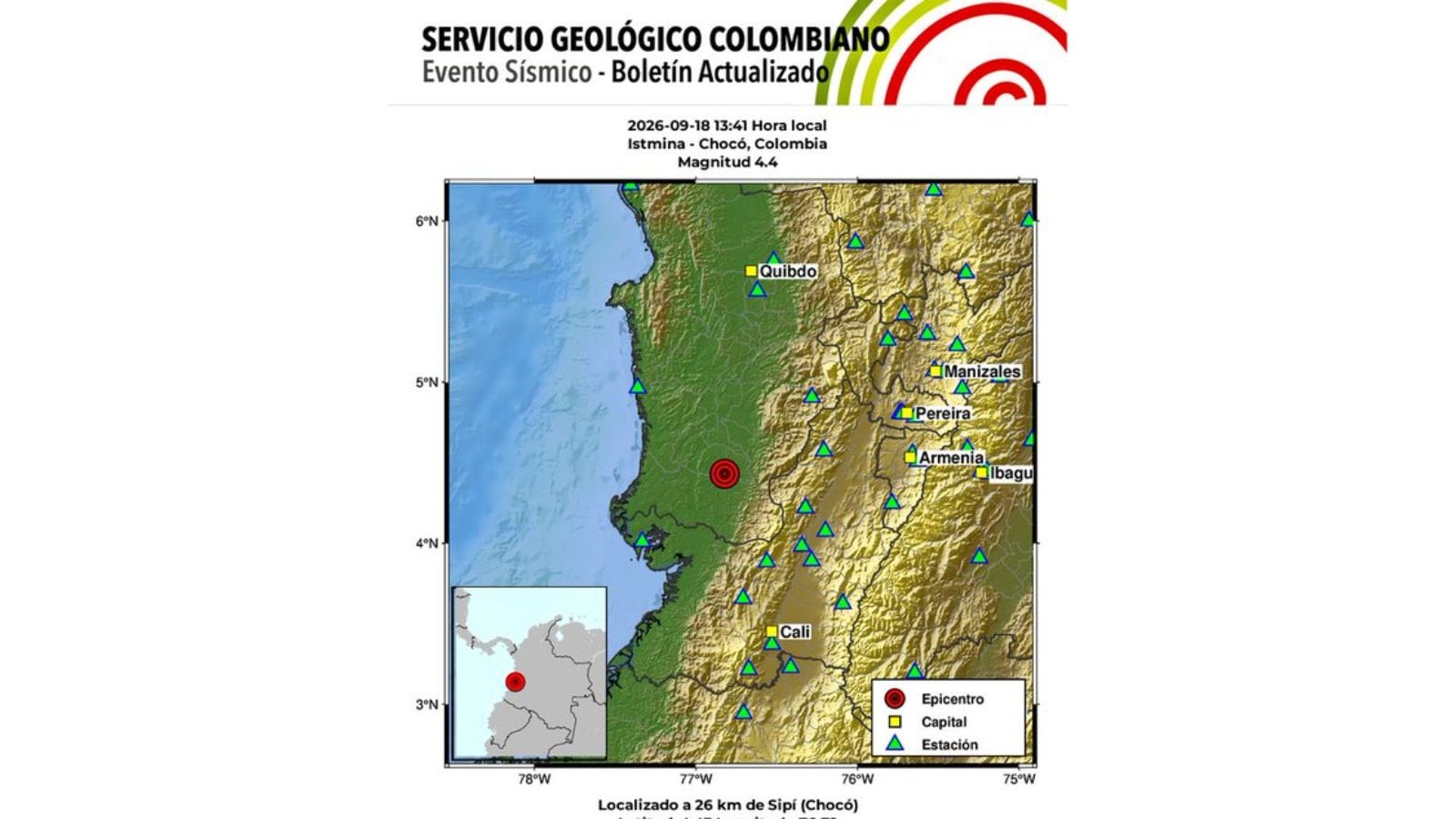 El SGC registró un sismo de magnitud 4,4 a las 1:41 p. m., con epicentro en Istmina, Chocó, y una profundidad de 46 kilómetros.