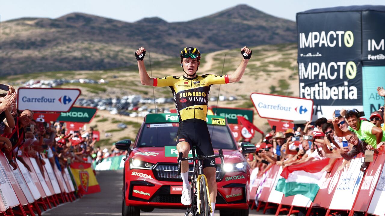 OBSERVATORIO ASTROFÍSICO DE JAVALAMBRE, SPAIN - AUGUST 31: Sepp Kuss of The United States and Team Jumbo-Visma celebrates at finish line as stage winner during the 78th Tour of Spain 2023, Stage 6 a 183.1km stage from La Vall d'Uixó to Observatorio Astrofísico de Javalambre 1947m / #UCIWT / on August 31, 2023 in Observatorio Astrofísico de Javalambre - Pico del Buitre, Spain. (Photo by Alexander Hassenstein/Getty Images)