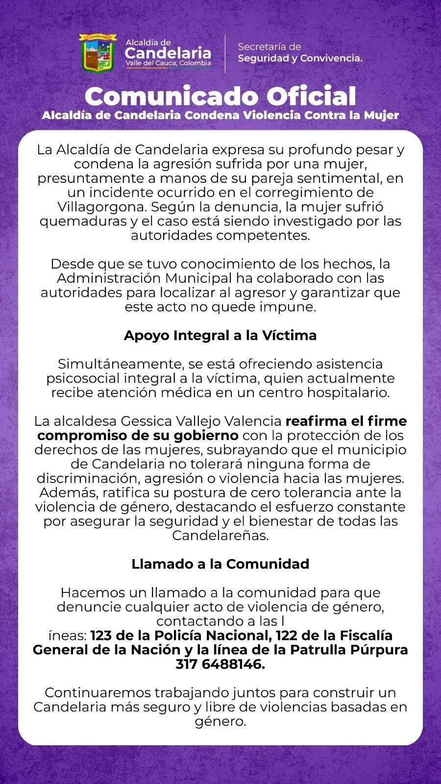 Comunicado emitido por la Alcaldía de Candelaria rechazando el ataque contra Leidi Johana Guerrero, víctima de intento de feminicidio.