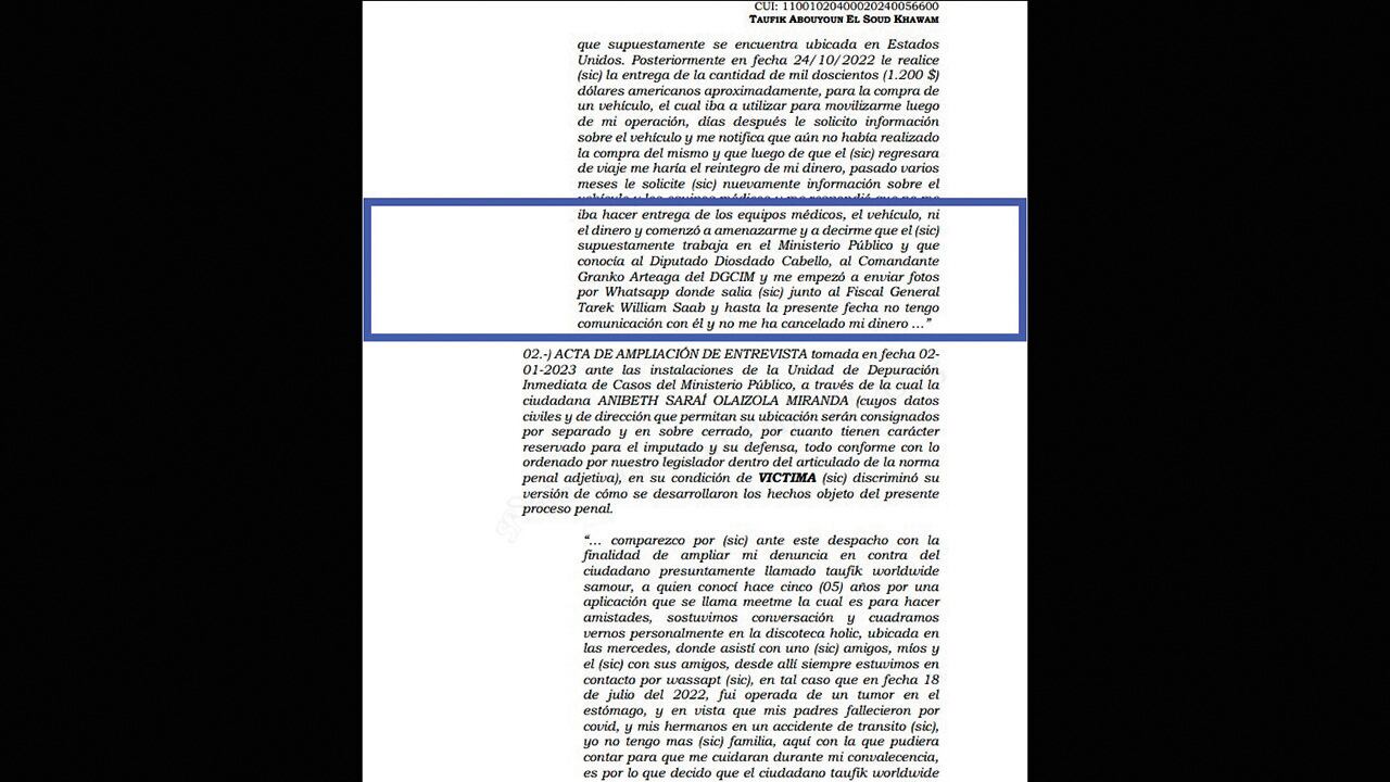 Documento de acusación contra el estafador, donde habla de su supuesta relación con el régimen venezolano.