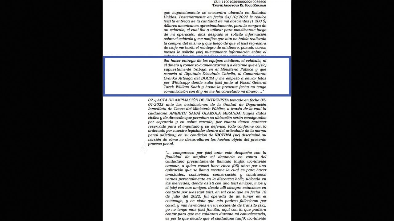 Documento de acusación contra el estafador, donde habla de su supuesta relación con el régimen venezolano.