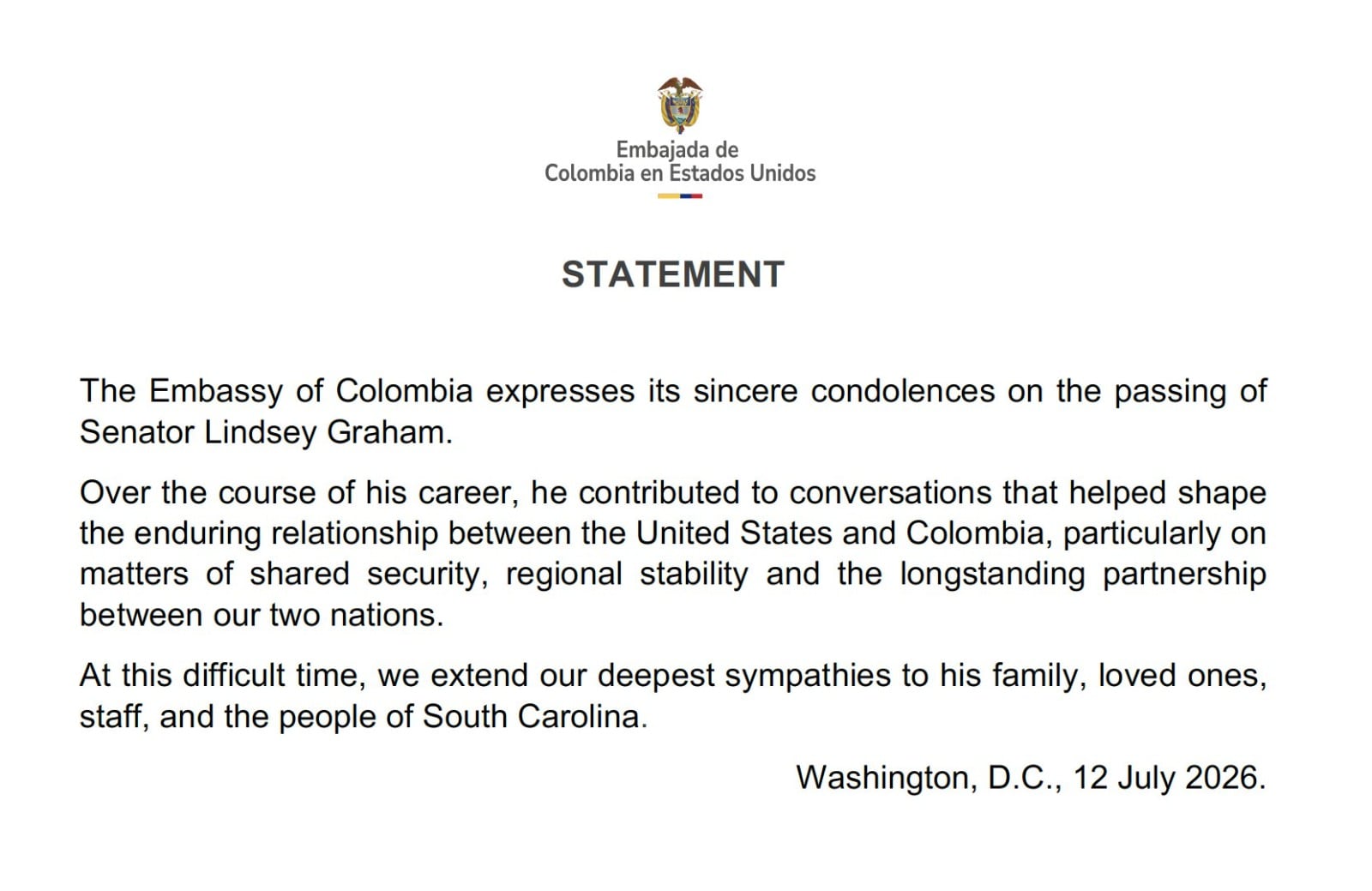 La Embajada de Colombia en Estados Unidos se pronunció tras la muerte del senador Lindsey Graham.
